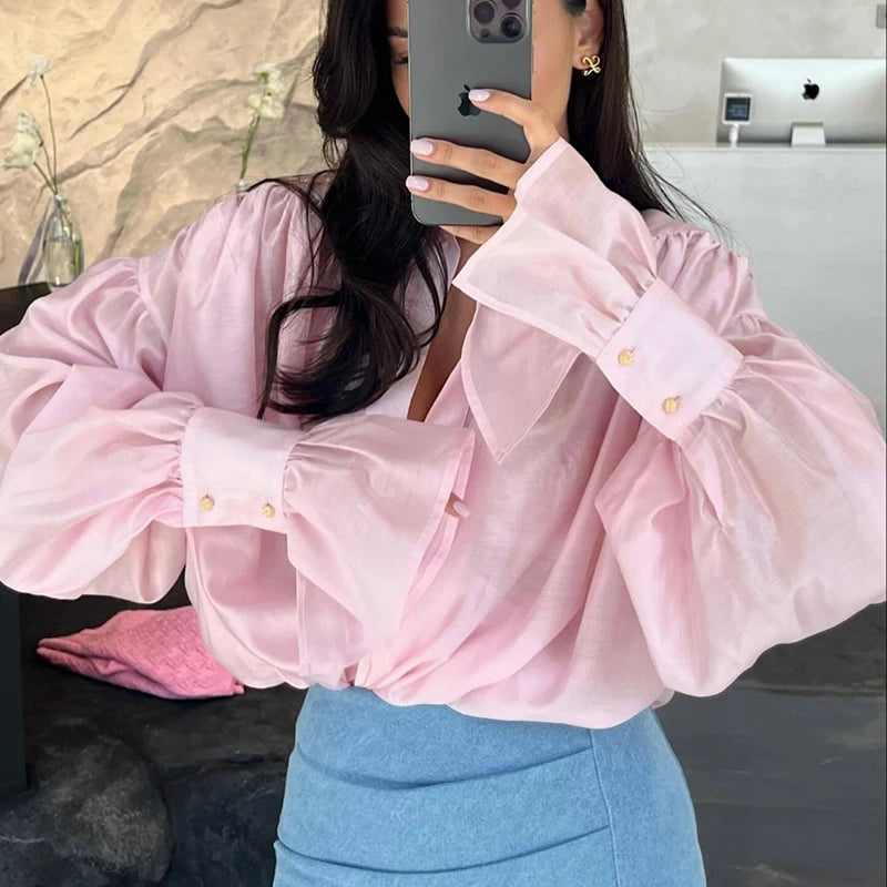 Women's Oversized Long Sleeve Ruffled Blouse