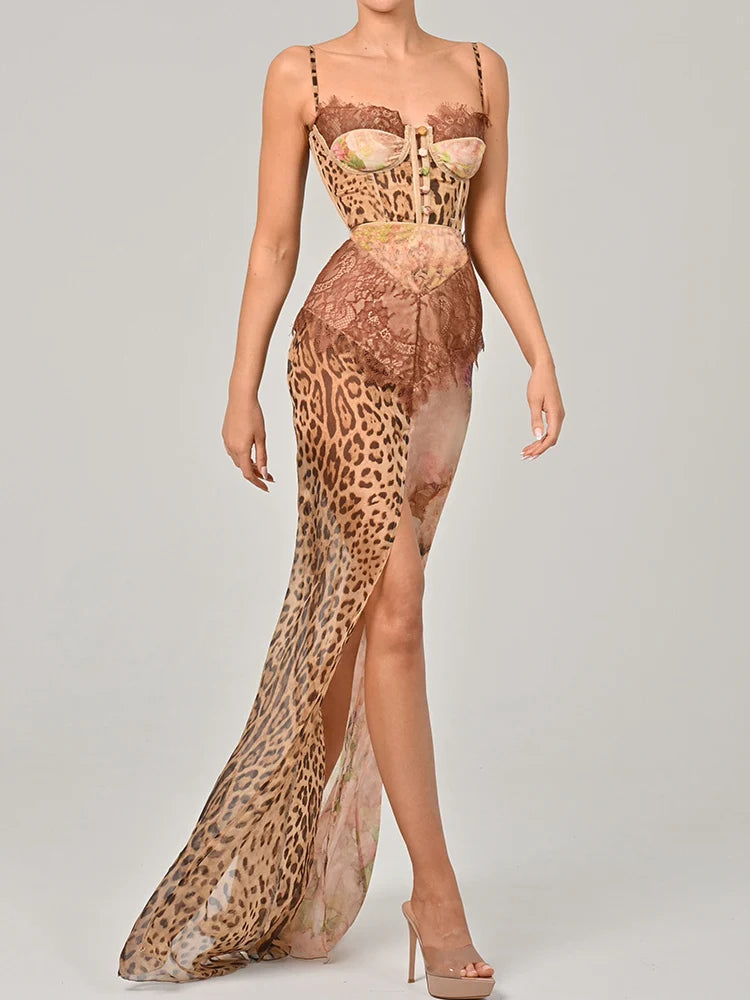 Chiffon Print Leopard High Slit Baroque Womens Dress