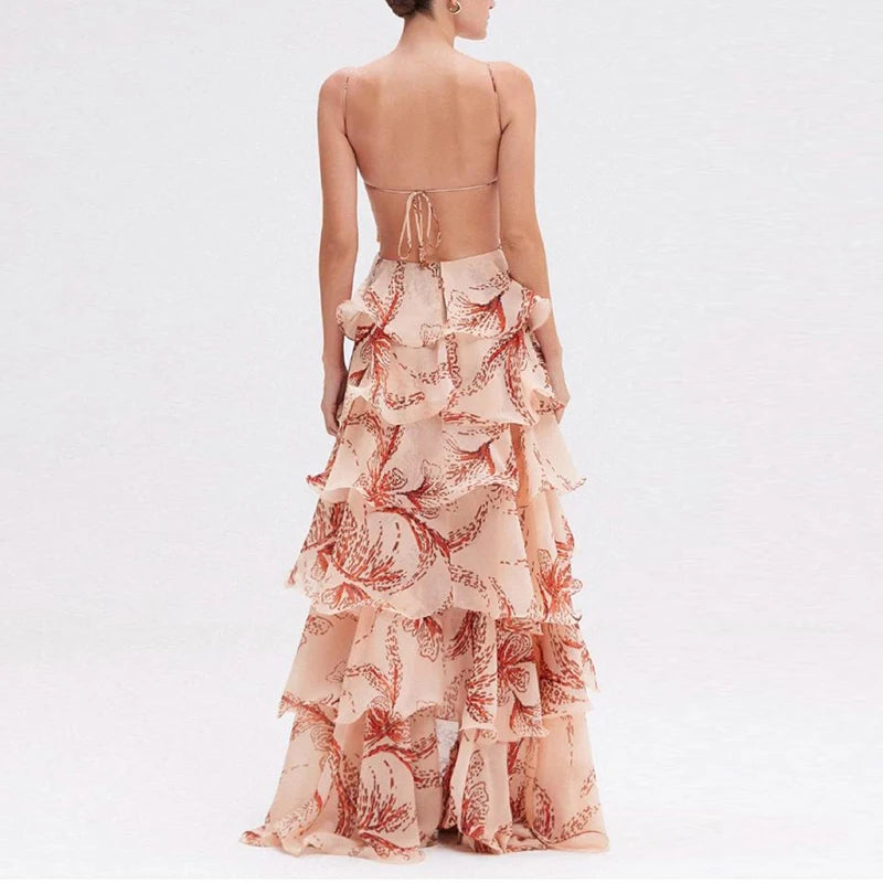 Butterfly Print Ruffle Maxi Dress