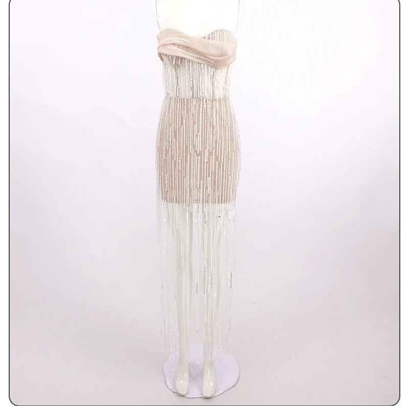 Strapless Beaded and Sequined Tassel Dress