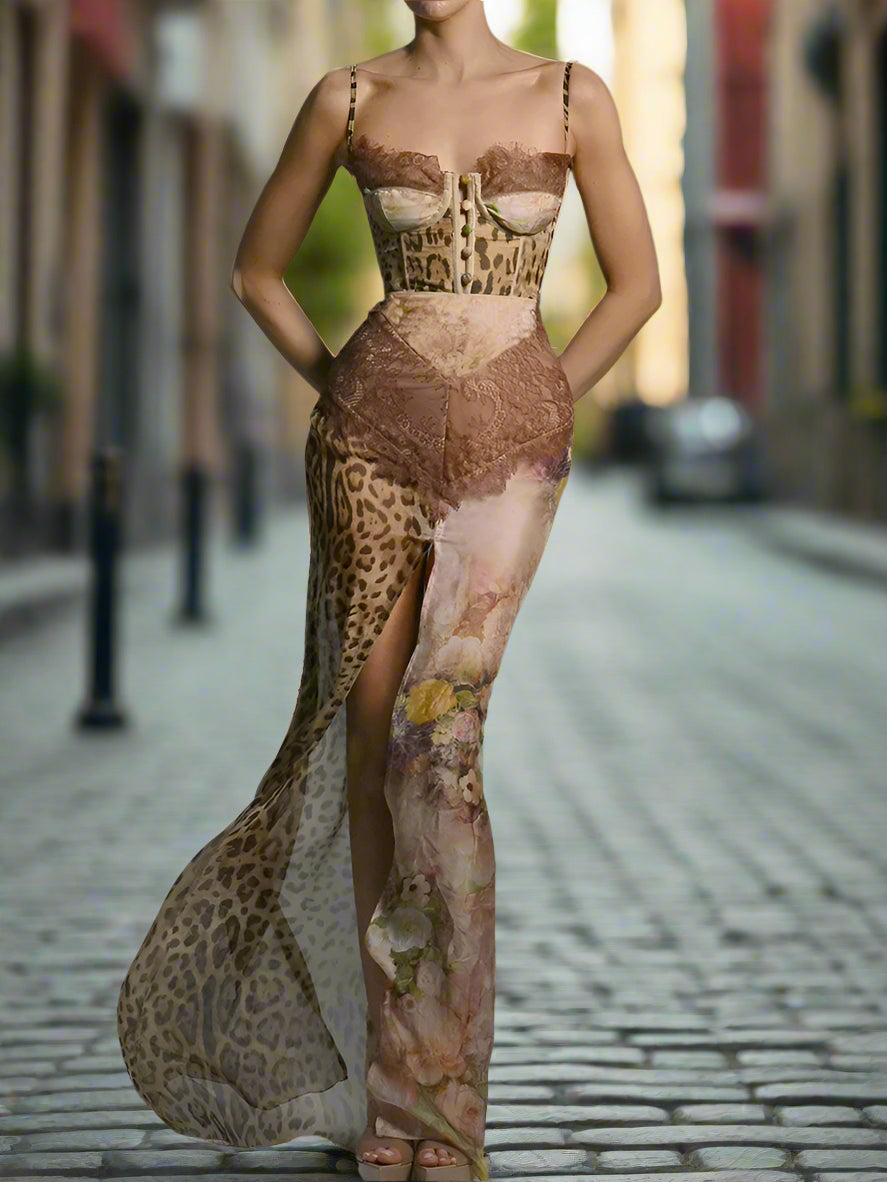 Chiffon Print Leopard High Slit Baroque Womens Dress