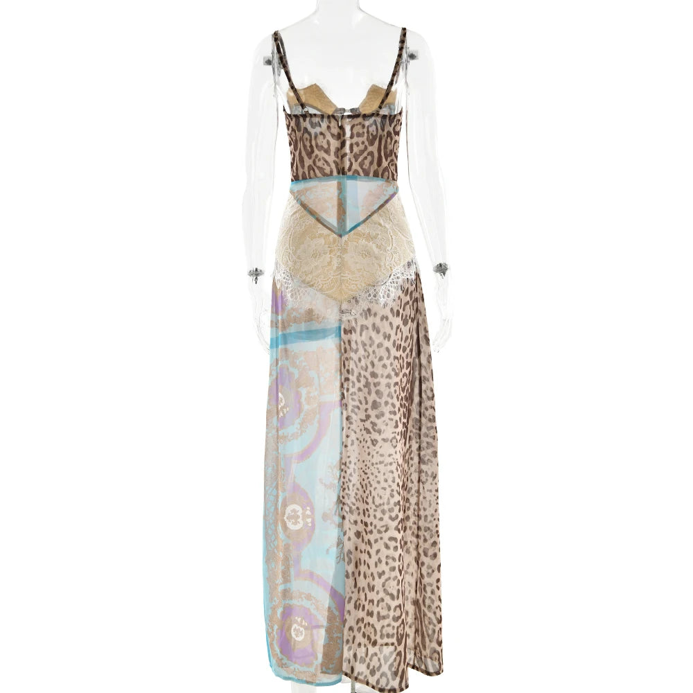 Chiffon Print Leopard High Slit Baroque Womens Dress