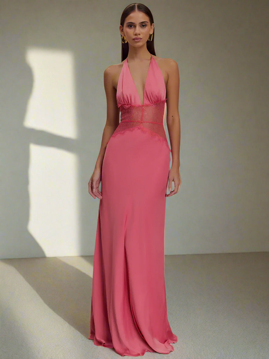 Backless Sexy Lace Halter Maxi Dress