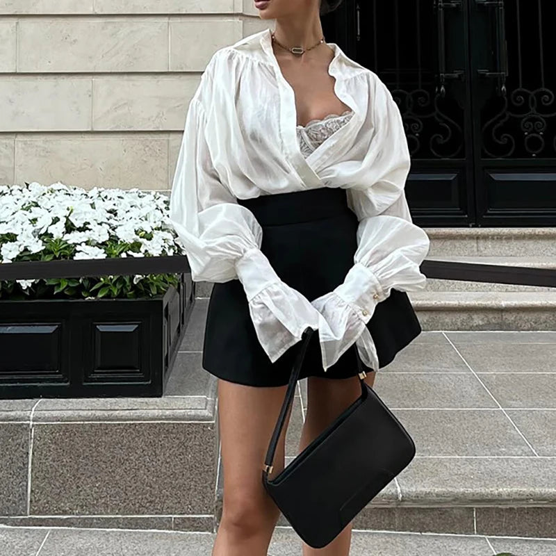 Women's Oversized Long Sleeve Ruffled Blouse