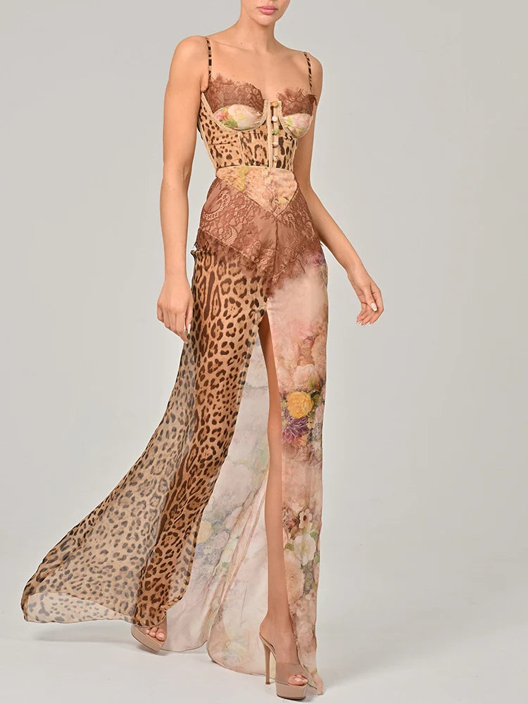 Chiffon Print Leopard High Slit Baroque Womens Dress