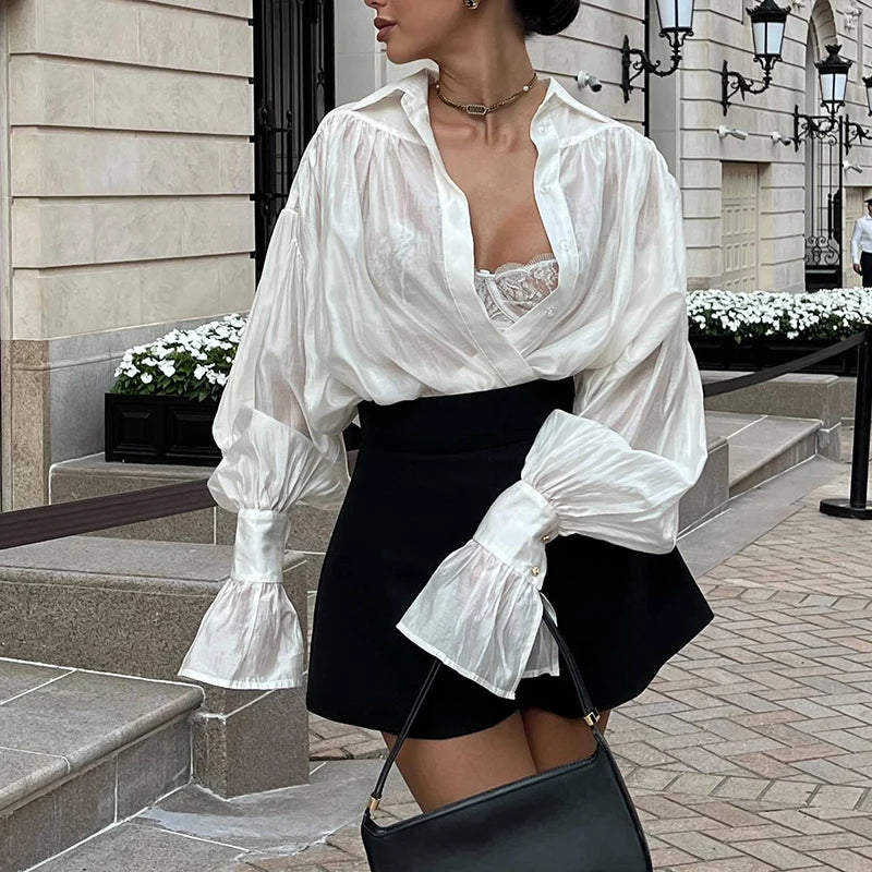 Women's Oversized Long Sleeve Ruffled Blouse