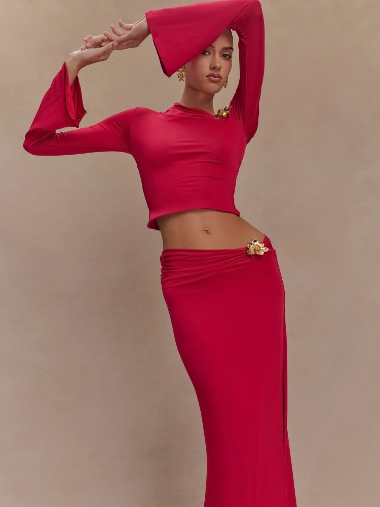 Women's two-piece maxi skirt and crop top set in red