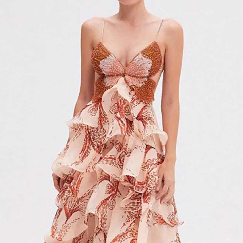 Butterfly Print Ruffle Maxi Dress