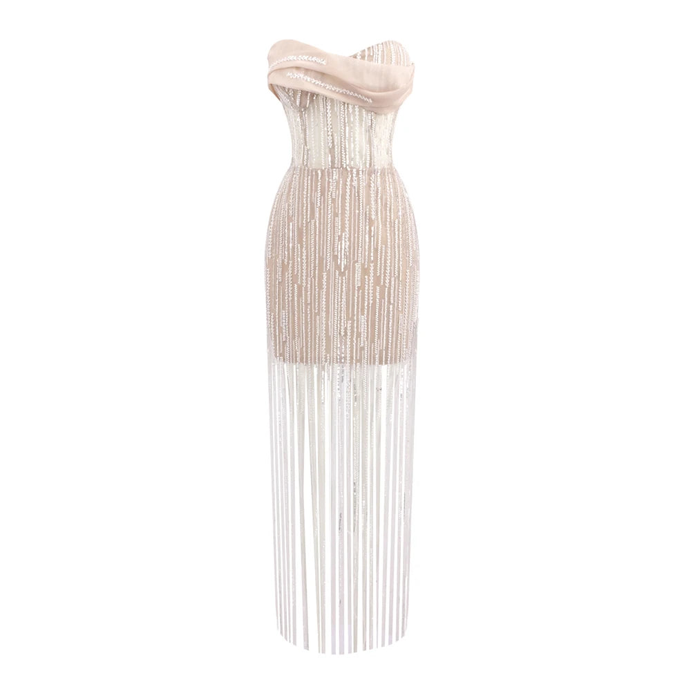 Strapless Beaded and Sequined Tassel Dress