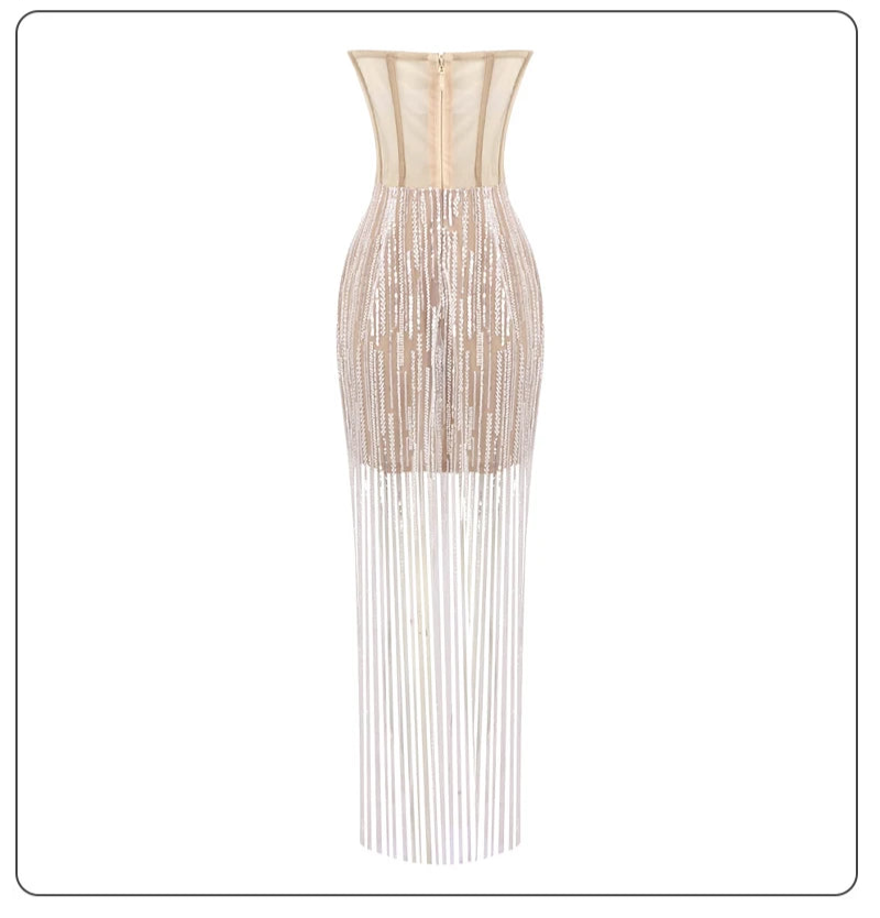 Strapless Beaded and Sequined Tassel Dress