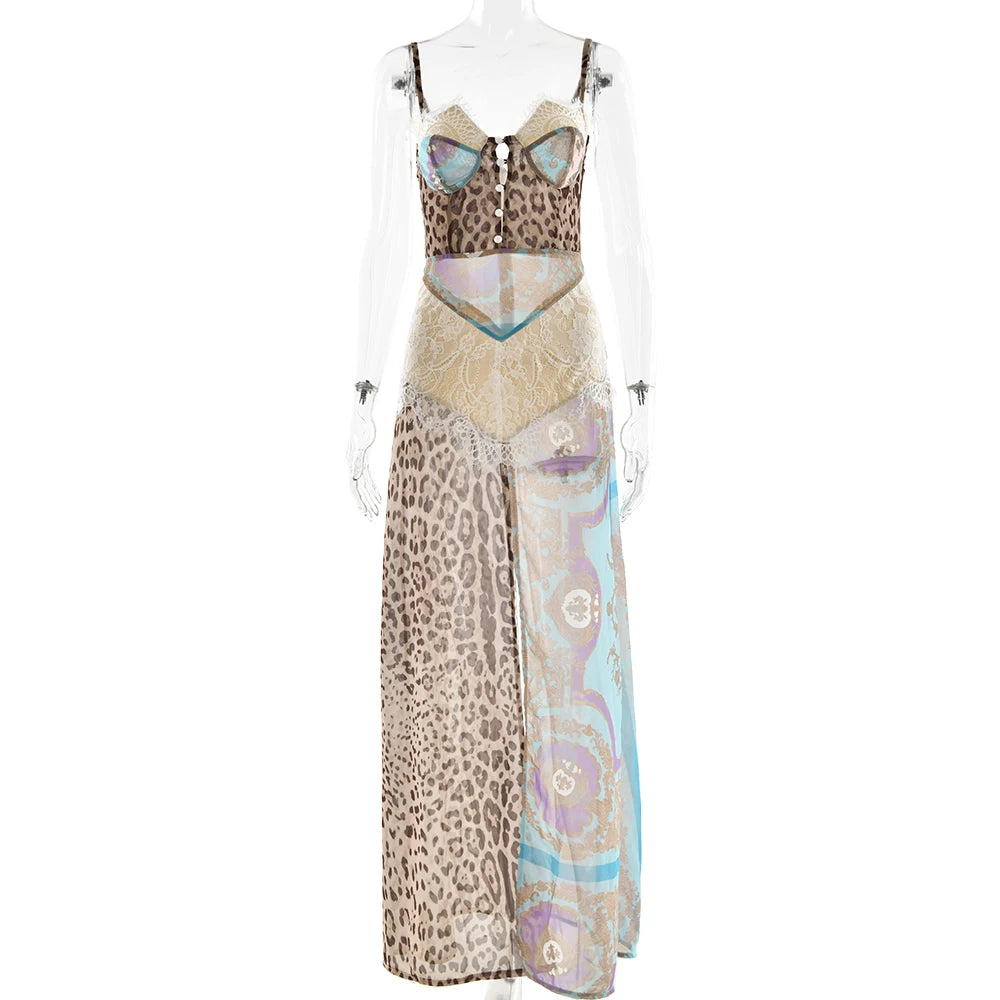 Chiffon Print Leopard High Slit Baroque Womens Dress