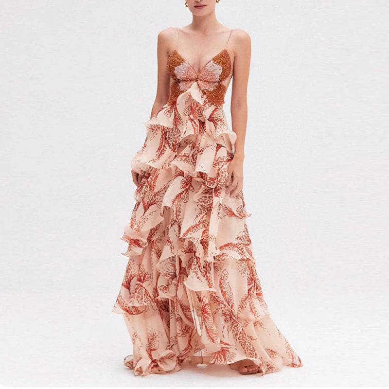 Butterfly Print Ruffle Maxi Dress