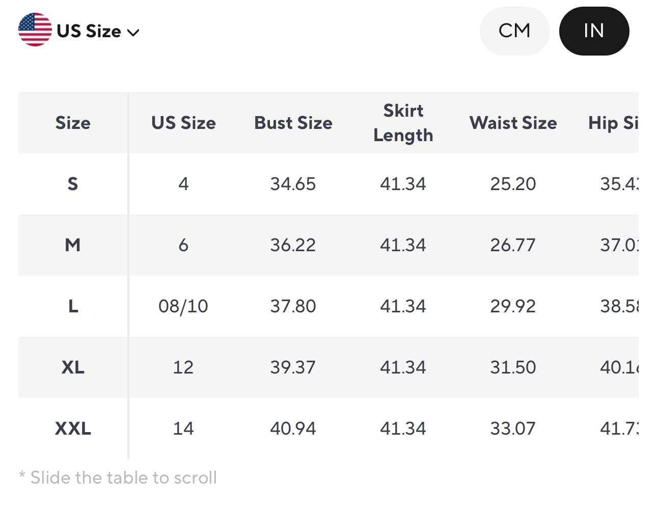Size guide and measurements for strapless fringe midi dress