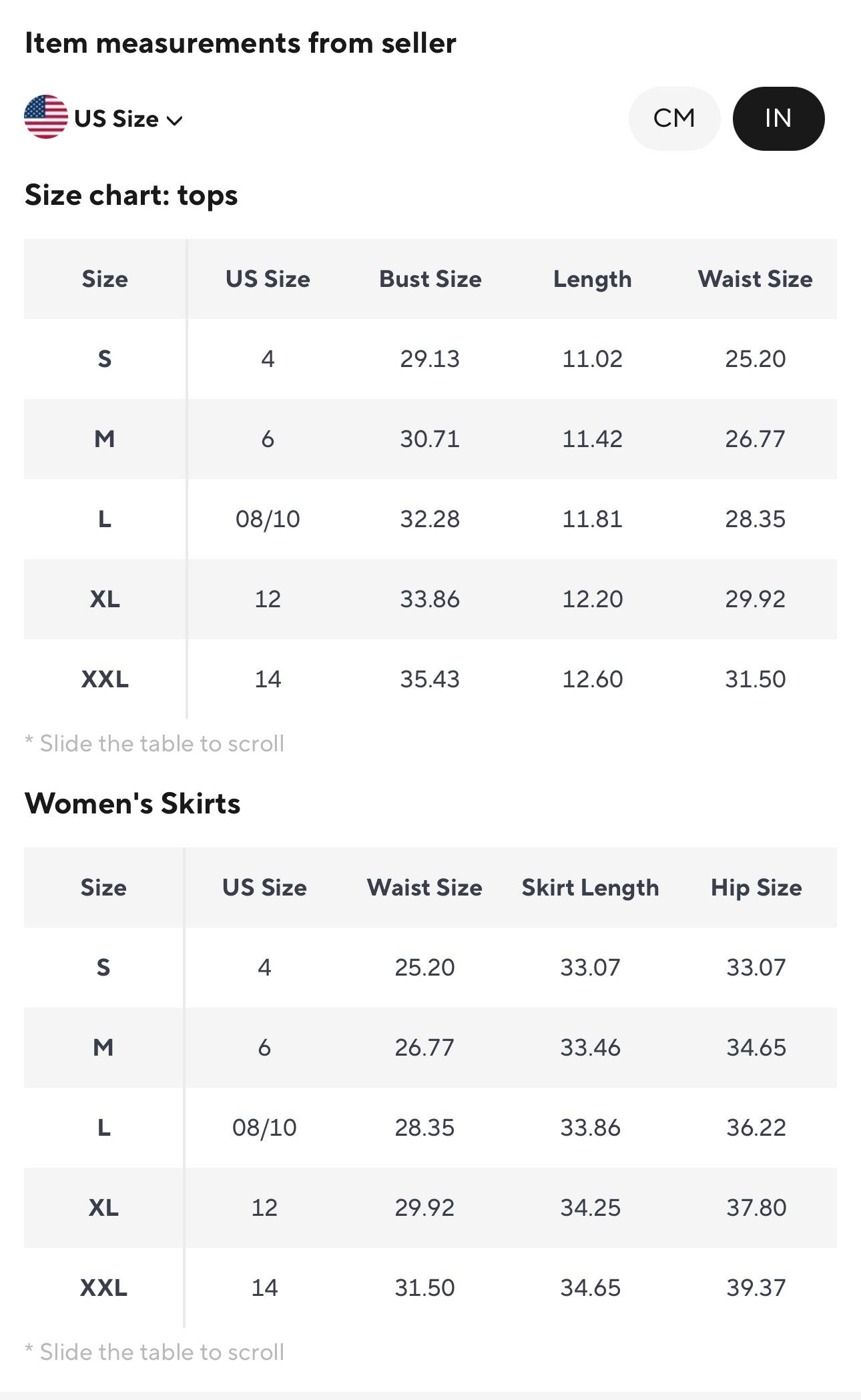 Size chart for strapless crop top and skirt set