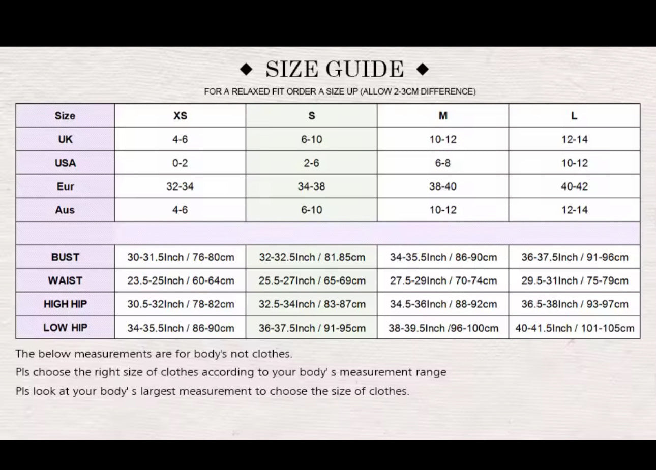 size chart and measurement guide for Black Mermaid Maxi Dress showing bust, waist, hip and length measurements for sizes XS through L