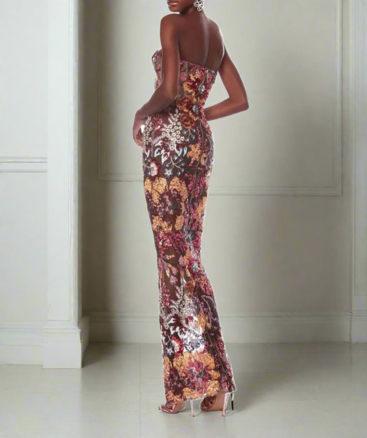 Floral Sequin Strapless Gown