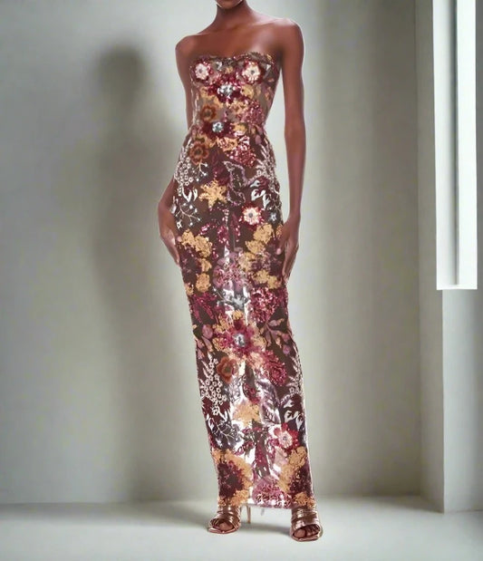 Floral Sequin Strapless Gown
