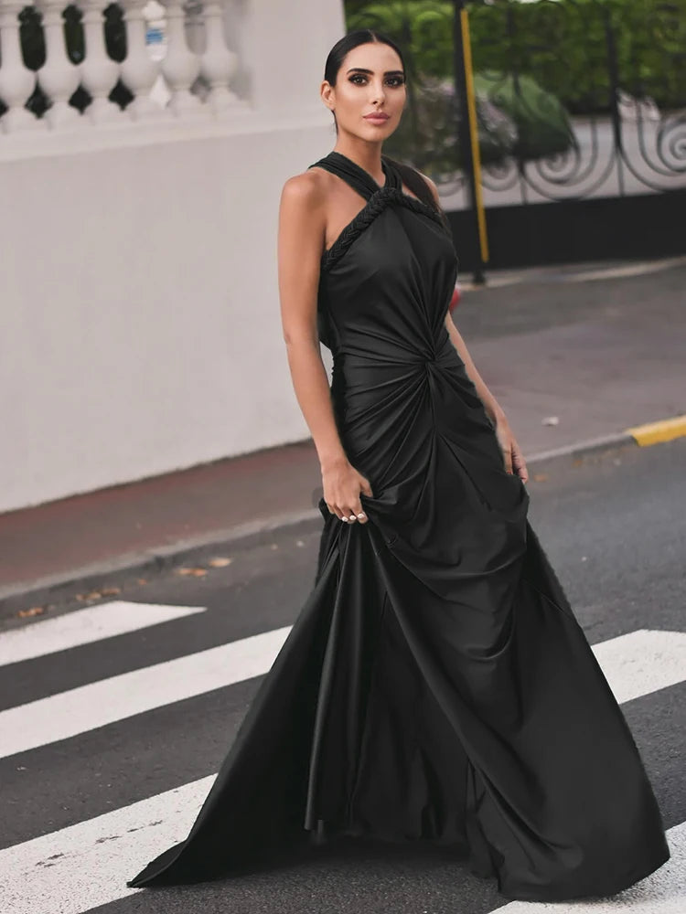 Asymmetrical Strappy Satin Gown