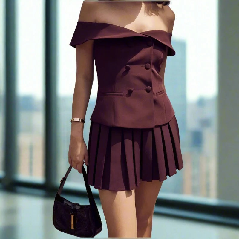 Double-breasted Top and Pleated Skirt Suit