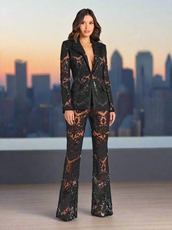 Petite Black Guipure Lace Two-Piece Pant Suit