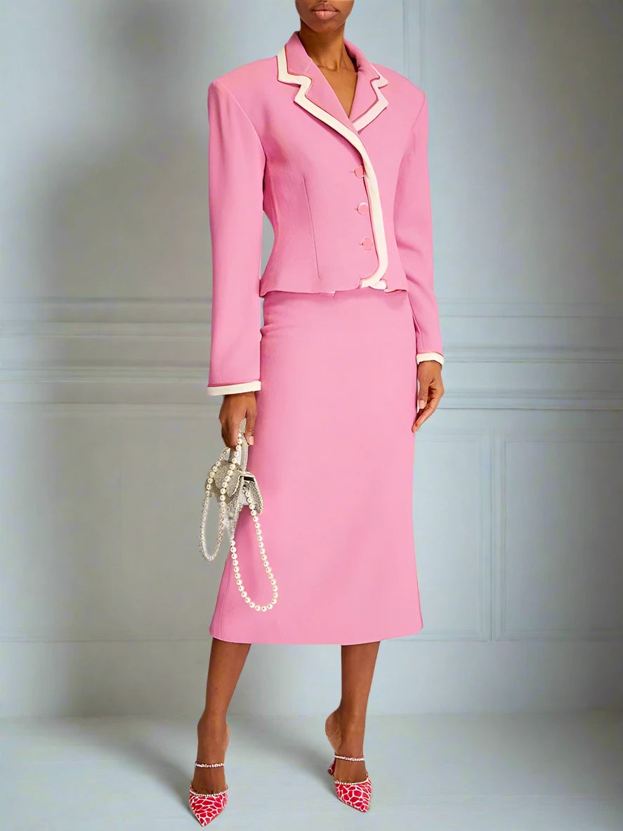 Women's Pink Blazer and Midi Skirt Suit Set