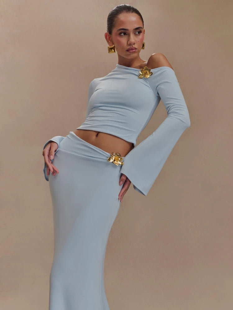 Women's two-piece maxi skirt and crop top set in blue