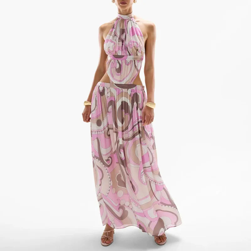 Halter neck cutout maxi dress in pink white and brown