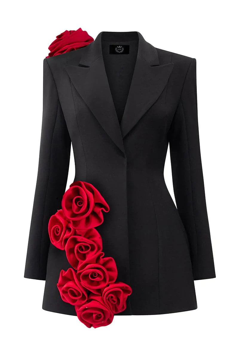 Black Womens Blazer Dress With Red Handmade Flower Details