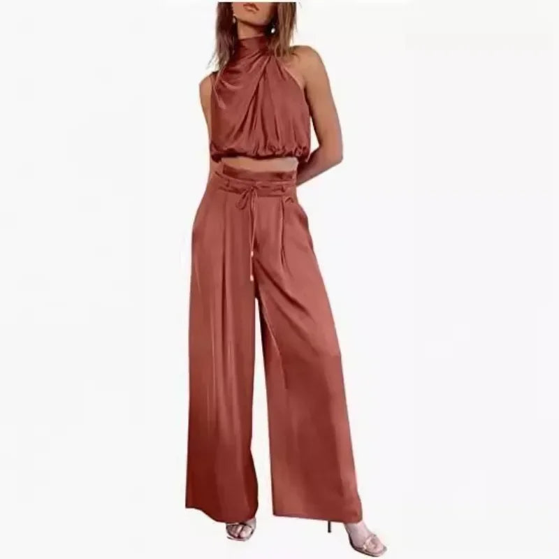 Two-Piece Pleated Wide Leg Pants and Sleeveless Top