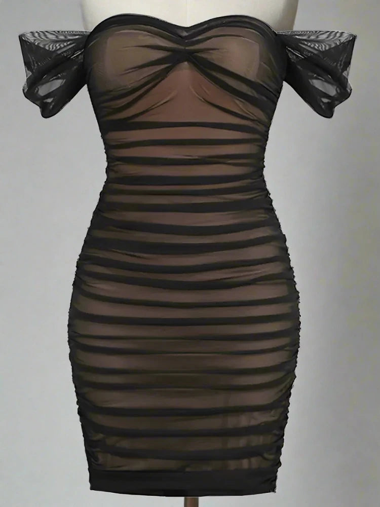 Black Mesh Ruched Mini Dress