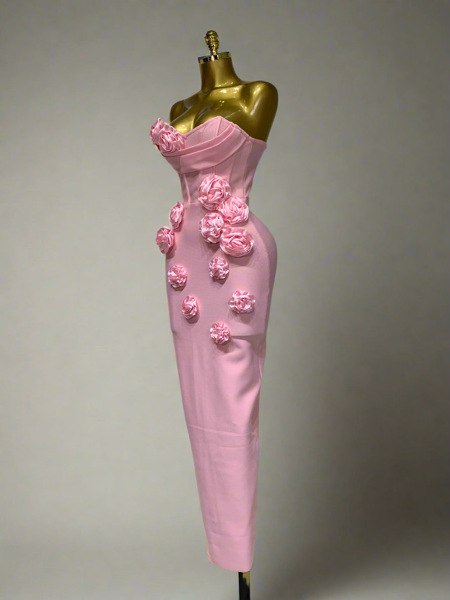 Strapless Flower Appliqué Bandage Dress