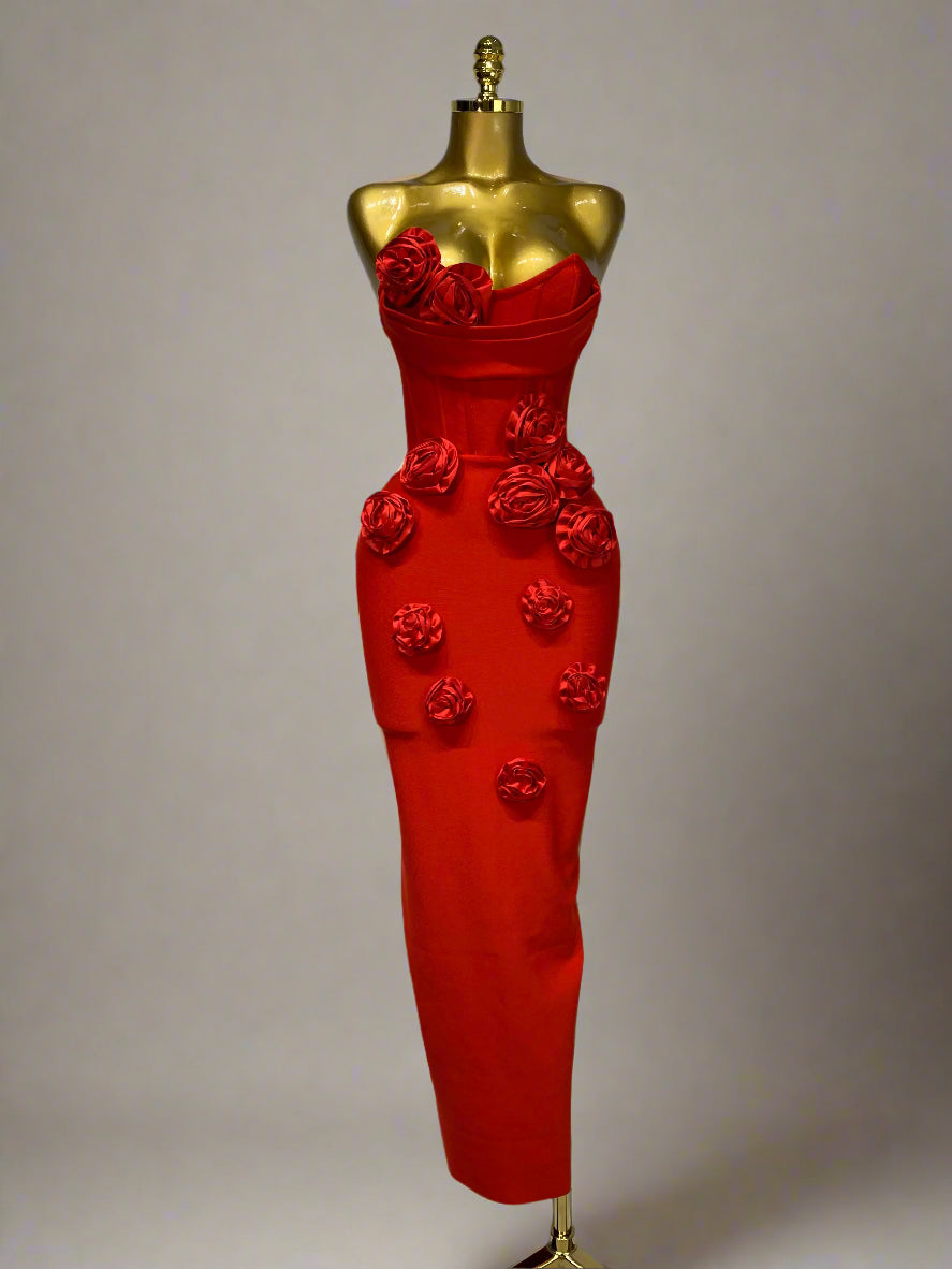 Strapless Flower Appliqué Bandage Dress