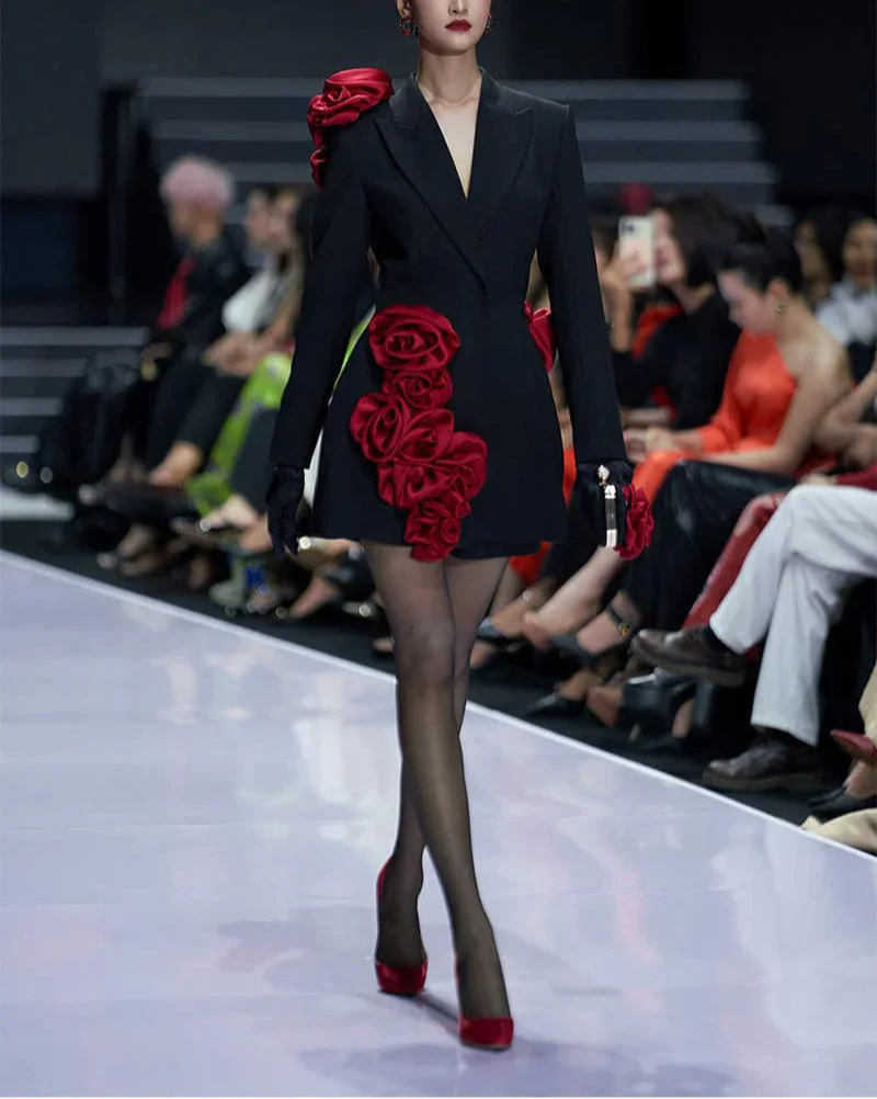 Black Womens Blazer Dress With Red Handmade Flower Details