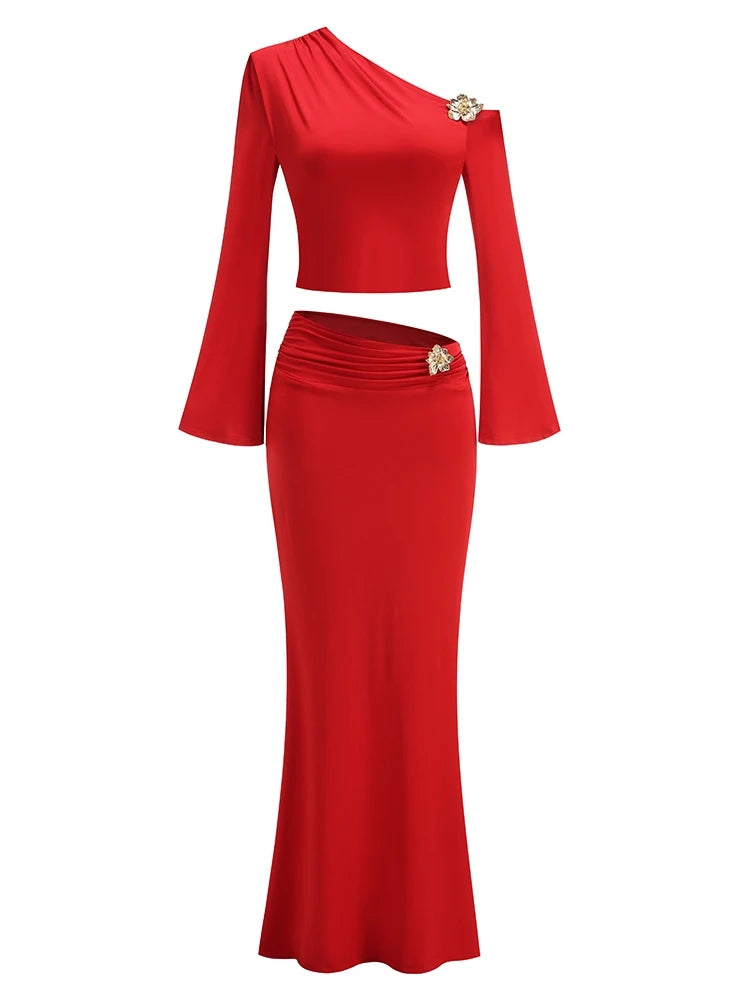 Full outfit view of coordinated maxi skirt ensemble in red