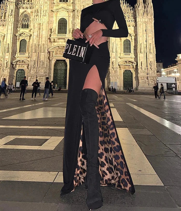 2 Piece Long Sleeves Crop Top And Sexy High Slit Long Skirt Suit