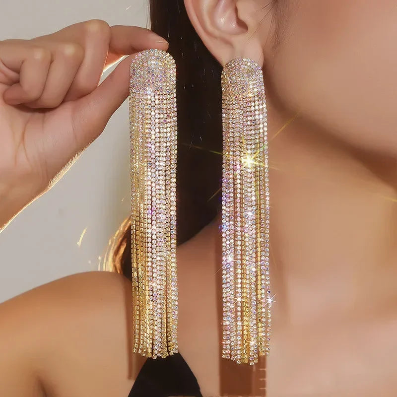 Long Tassel Full Rhinestone Drop Earrings