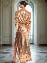 Golden Sequin Two-Piece Skirt Suit