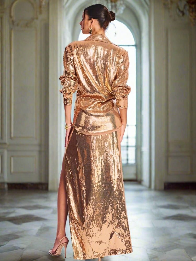 Golden Sequin Two-Piece Skirt Suit