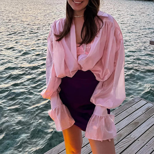 Women's Oversized Long Sleeve Ruffled Blouse