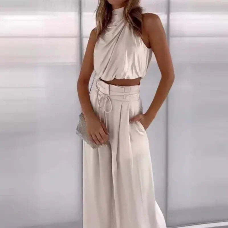 Two-Piece Pleated Wide Leg Pants and Sleeveless Top