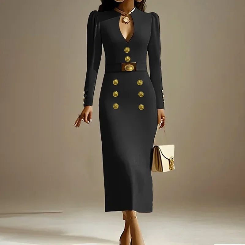 Gold Button Embellished Long Sleeve Midi Dress