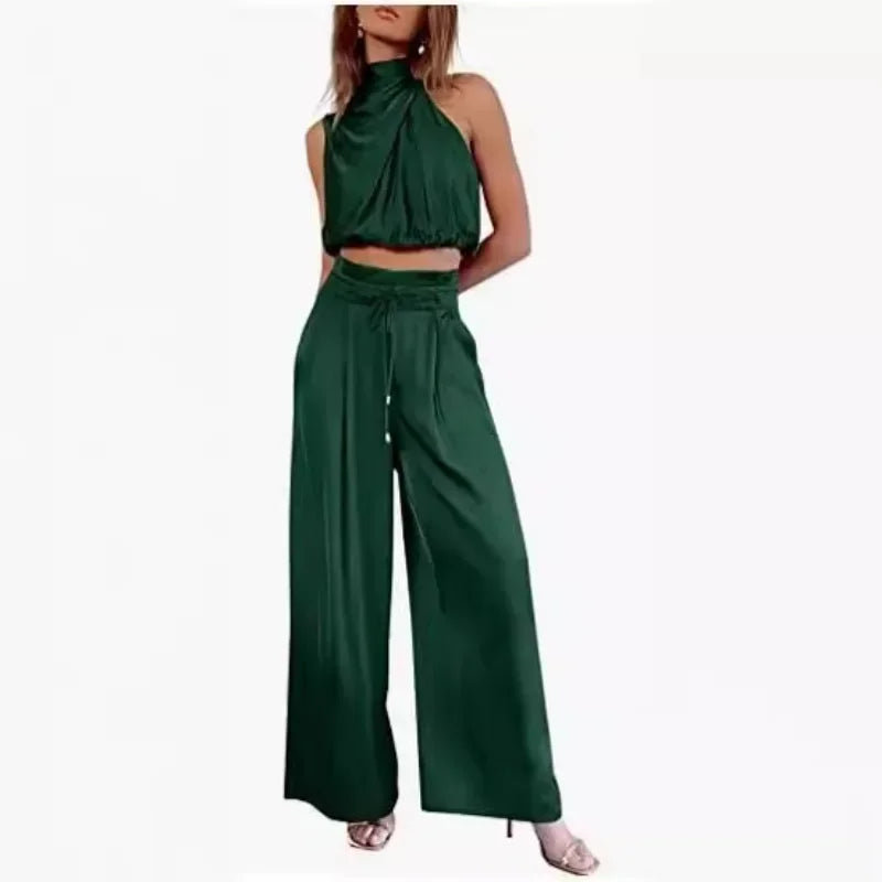 Two-Piece Pleated Wide Leg Pants and Sleeveless Top