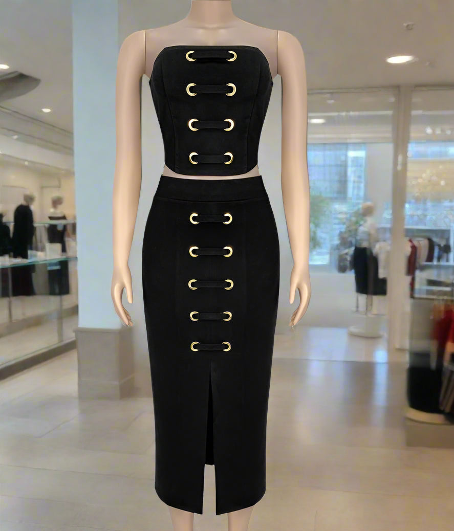 Full outfit view of coordinated two-piece set