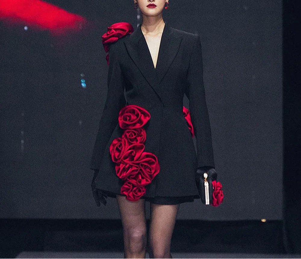 Black Womens Blazer Dress With Red Handmade Flower Details