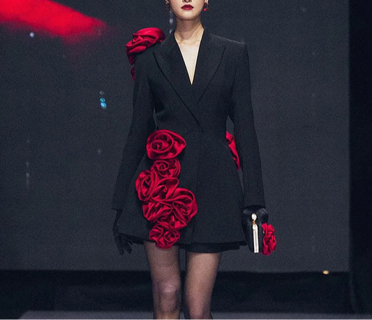 Black Womens Blazer Dress With Red Handmade Flower Details