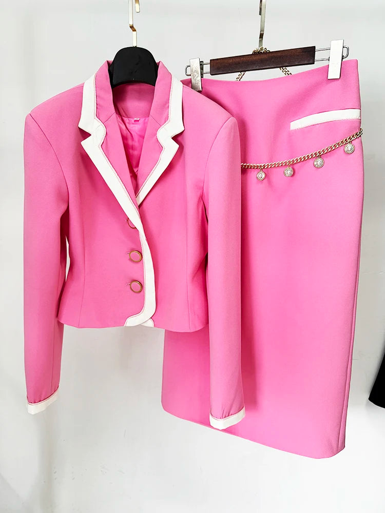 Women's Pink Blazer and Midi Skirt Suit Set