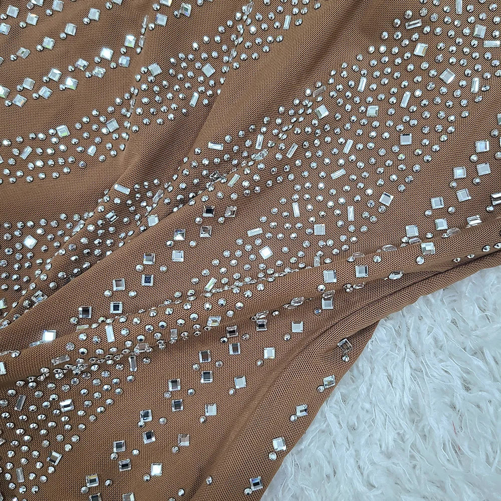 Brown Rhinestone Camisole Dress for Women Ready-to-wear Evening Gown