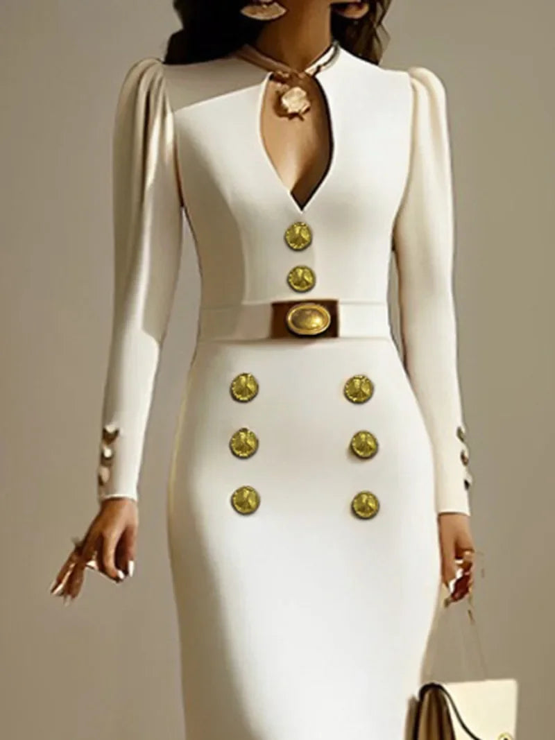 Gold Button Embellished Long Sleeve Midi Dress