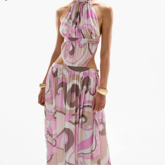 Close-up of halter neck design and cutout details