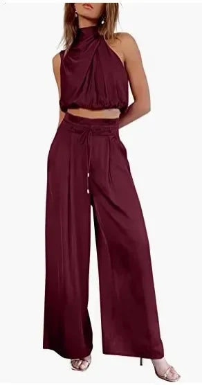 Two-Piece Pleated Wide Leg Pants and Sleeveless Top